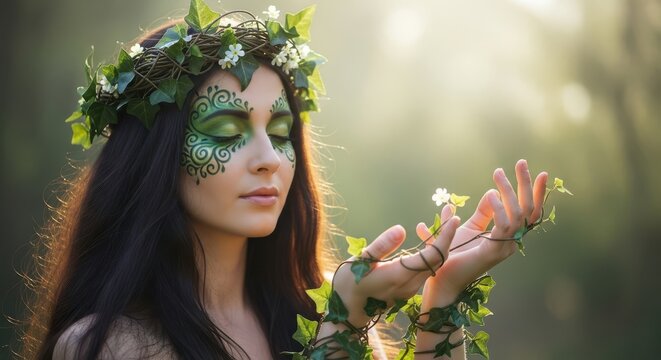 Mystical forest nymph with floral crown gentle touch nature's magic captivating portrait