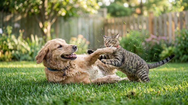 Playful dog and cat frolicking on a sunny garden lawn