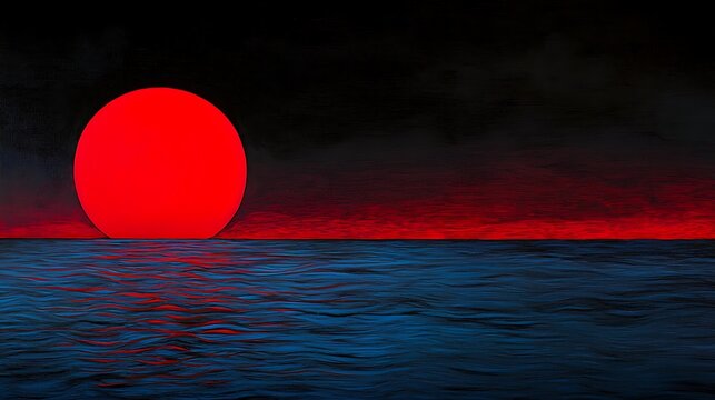 Fiery red sun over dark sea