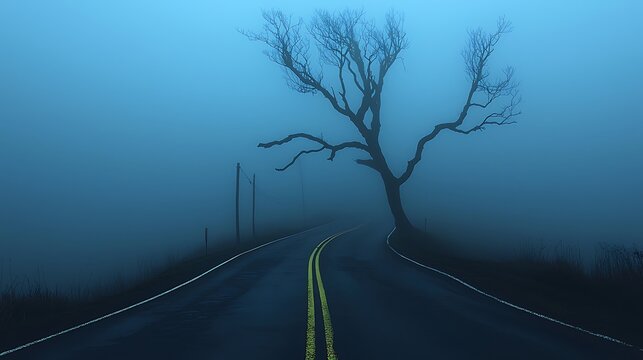 Foggy road with a lone tree