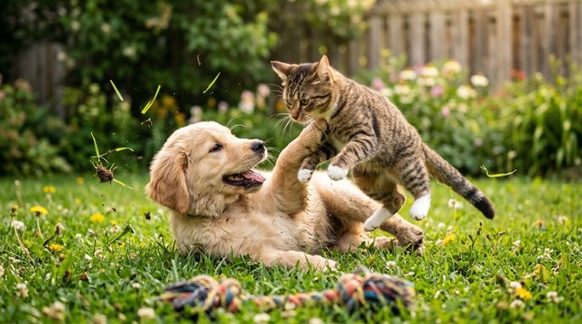 Playful puppy and kitten frolicking in a sunny garden
