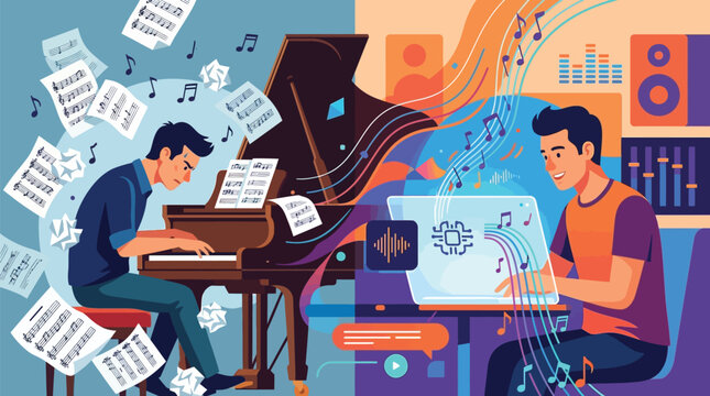 Flat vector illustration comparing a frustrated traditional pianist surrounded by scattered sheet music with a happy digital music producer using AI software on a laptop in a studio.