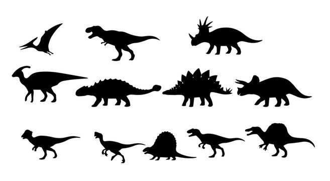 Dinosaur silhouettes set with tyrannosaurus rex and triceratops black vector