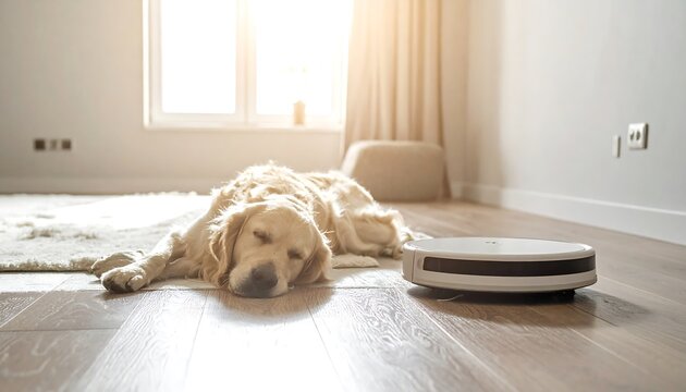 Modern robot vacuum cleaning near sleeping golden retriever dog