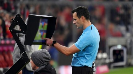 Fototapeta premium Video Assistant Referee Reviewing Replay Footage on Pitch Side Monitor During Professional Football Match Technology and Fair Decision Concept