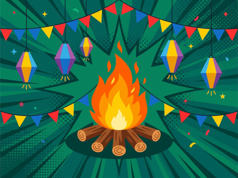 Festa Junina celebration background featuring a central bonfire, colorful flags, and lanterns in a comic vector style.