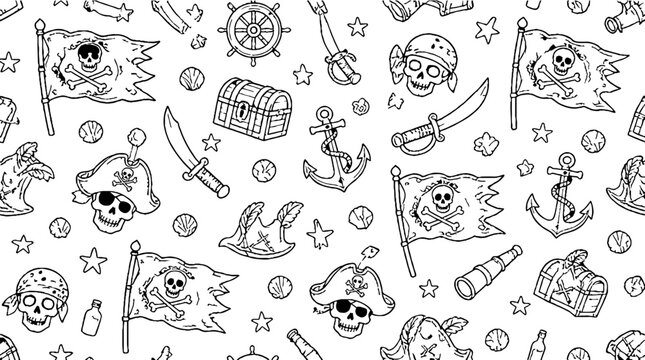 Pirate themed seamless pattern with skulls and symbols.