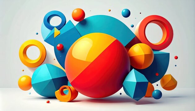 Colorful 3D geometric abstract shapes on white background.