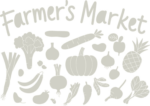 Farmer's market sign template featuring muted grey silhouettes of fresh organic vegetables and healthy fruits