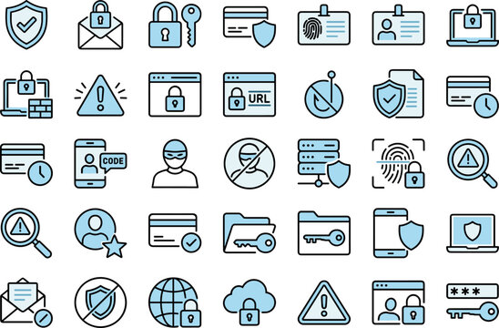 Cyber Security Icon Set, Blue Outline Icons for Data Protection, Privacy and Online Safety