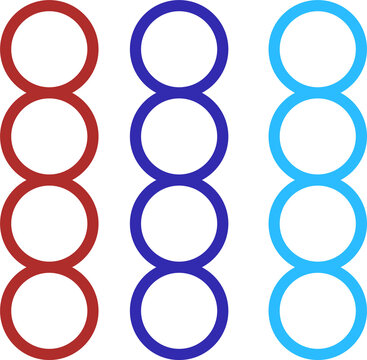 Three vertical columns of four interconnected circles in red, dark blue, and light blue isolated on transparent background