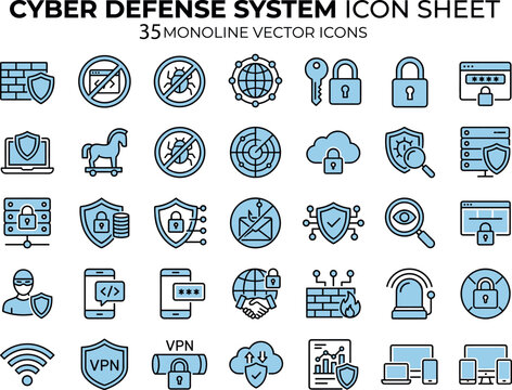Cyber Defense System Icon Sheet, 35 Monoline Vector Icons for Network Security and Data Protection