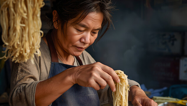 Elderly Woman Making Fresh Noodles In A Traditional Kitchen With Hanging Noodles And Smoke In The Background