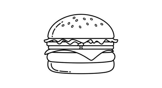 Black and white outline drawing of a classic cheeseburger icon with bun, patty, cheese, and lettuce. Fast food graphic illustration.