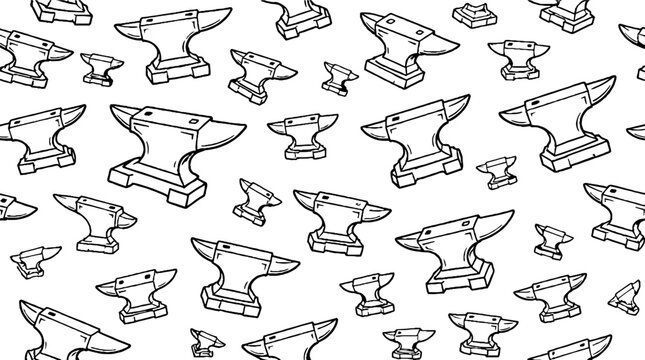 Repeating blacksmith anvil pattern in black and white.