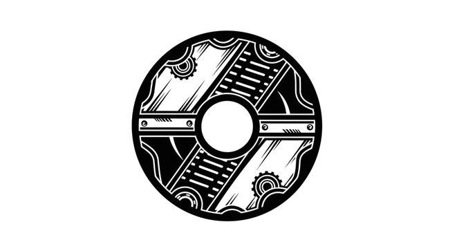Detailed black and white circular shield graphic icon with ornate patterns, mechanical gears, and steampunk aesthetics for design elements.