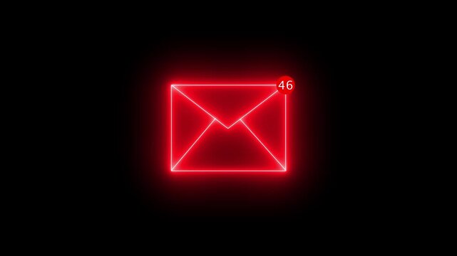 Neon email envelope animation on black background, for digital communication, and business messaging 4k video animation.