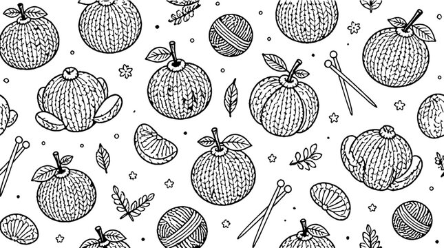 Hand drawn knitting and crochet pattern with fruits and tools.