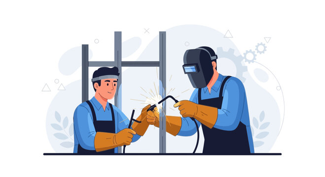 Two welders working together to join metal structures, sparks flying, industrial scene, flat design illustration.