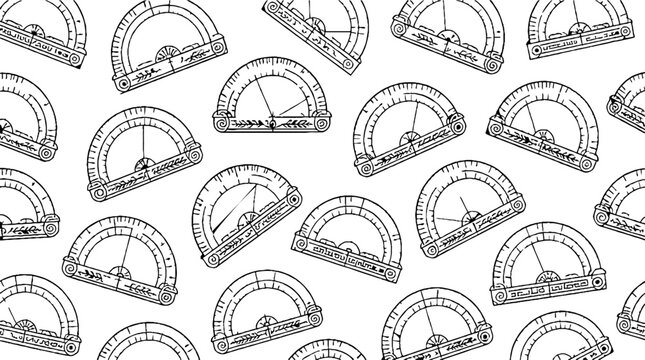 Repeating pattern of protractor tools in black and white.