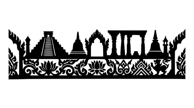 Southeast Asian architectural landmarks and traditional floral pattern silhouette on white background