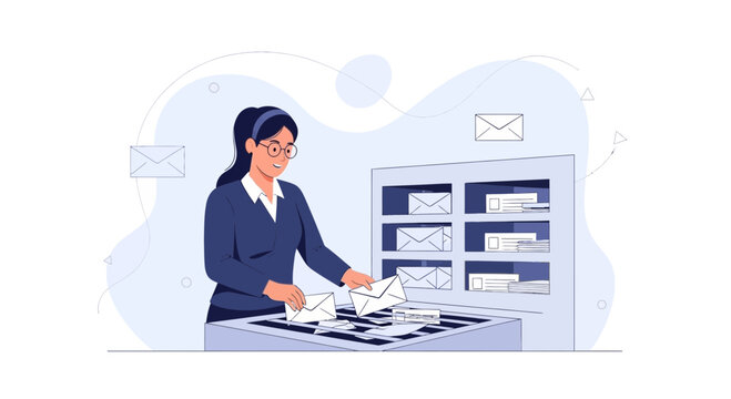 Vector illustration of a woman sorting mail at a post office with mailboxes in the background.