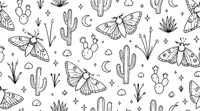 Detailed Cactus and Moth Line Art Illustration.