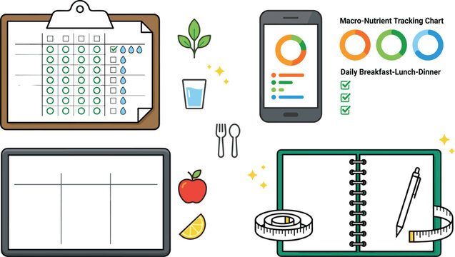 Macro Nutrient Tracking and Calorie Counter Vector Icon Set Featuring Diet Clipboard Smartphone App Meal Planner Diary and Measuring Tape Designs