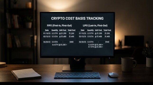 Crypto cost basis tracking FIFO LIFO method on screen
