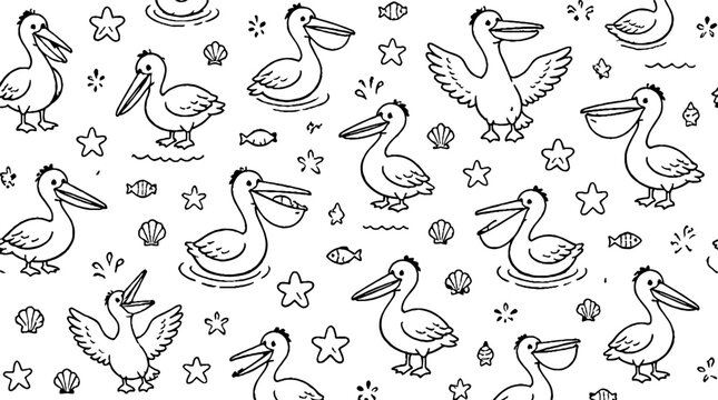 Playful pelican pattern with tropical fish and stars.