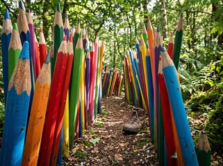 Fototapeta premium Colorful Giant Pencils Art Installation Along a Forest Path in Nature