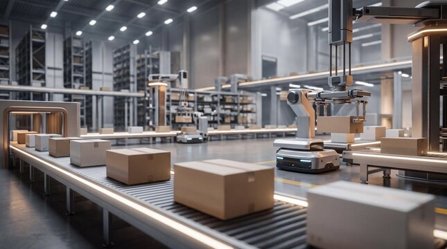 Automated warehouse conveyor belt with robotic arm sorting packages