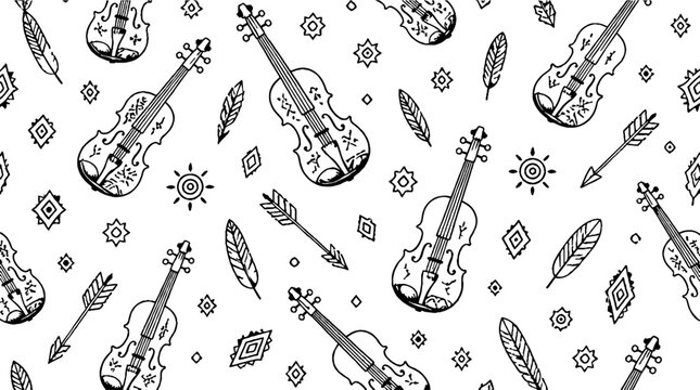 Intricate violin and feather pattern design.