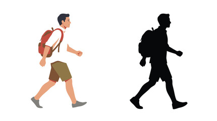 Obraz premium Minimalist vector illustration of a young male student walking while wearing a red school backpack