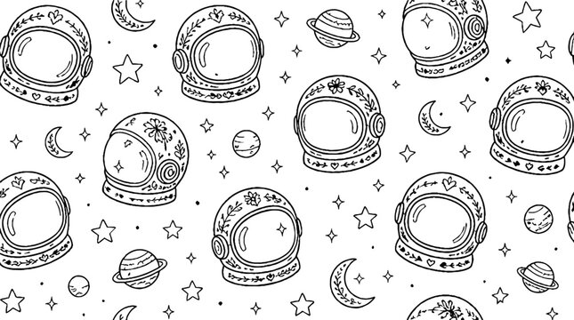 Astronaut helmets and space elements seamless pattern.