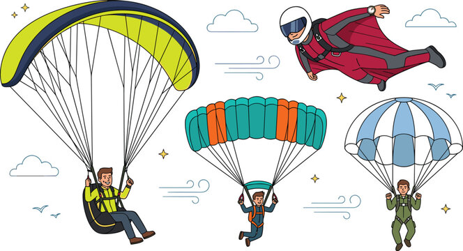 Paragliding and Extreme Skydiving Character Vector Set Featuring Paraglider Pilot Wingsuit Flyer and Skydivers Gliding down with Parachutes for Aviation Sports Designs