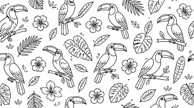 Tropical toucan and leaf pattern illustration.