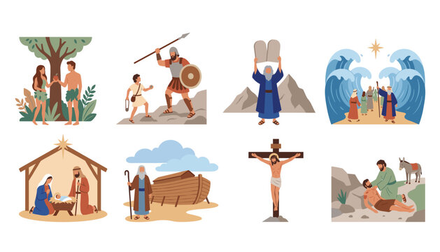 Bible stories vector set. Cartoon religious characters from Noah ark, Moses parting sea, nativity scene, crucifixion, isolated transparent background elements.