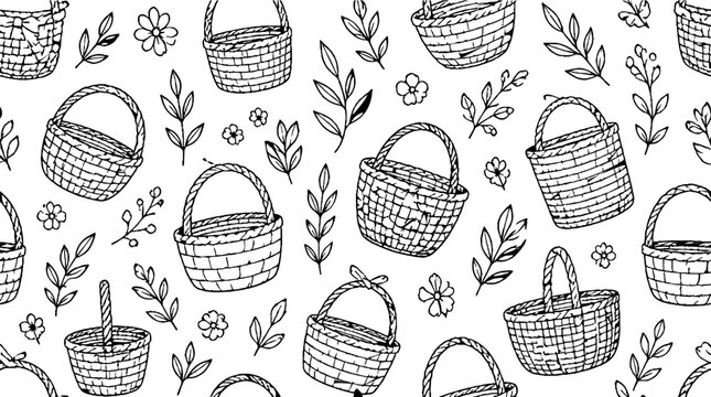Hand Drawn Wicker Baskets and Floral Elements Pattern.