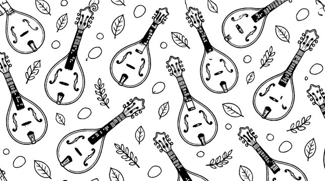 Repeating mandolin instruments with leaves pattern design.