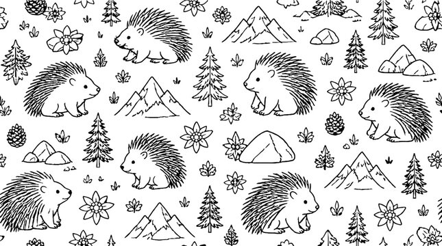 Whimsical hedgehog and mountain forest pattern design.