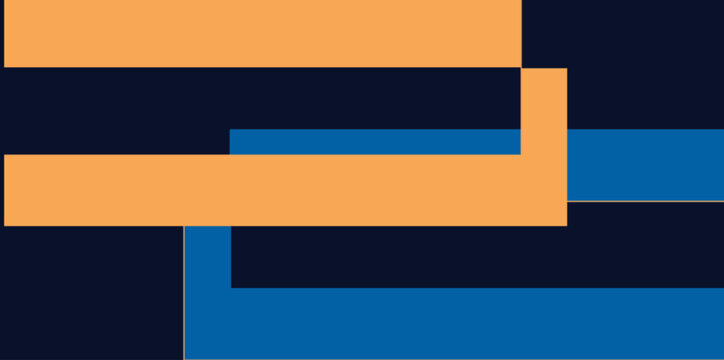 Modern composition with layered geometric rectangles in blue and orange on a dark navy background.