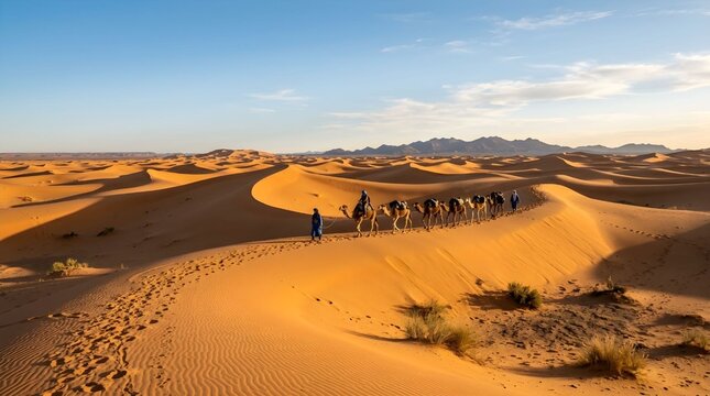 Camel Caravan with Bedouin Guides Traveling Through the Vast Golden Sand Dunes of the Sahara Desert