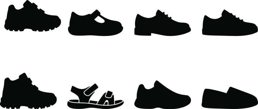 Collection of footwear silhouettes including rugged sneakers, Mary Jane shoes, formal dress shoes, casual sneakers, sandals, running shoes, and loafers