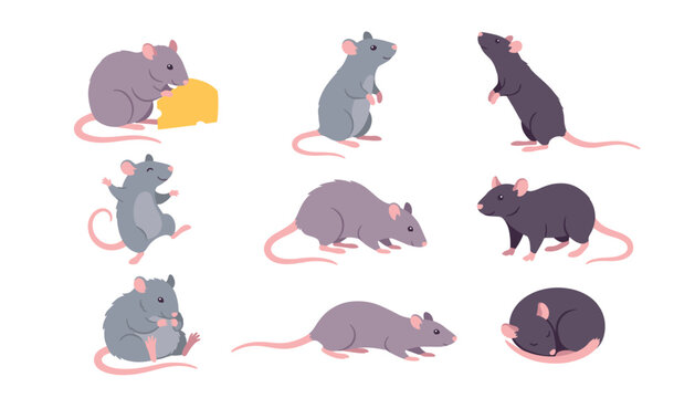 Cute mice characters vector set. Cartoon rats in various poses eating cheese, sleeping, sitting, standing, isolated transparent background elements.