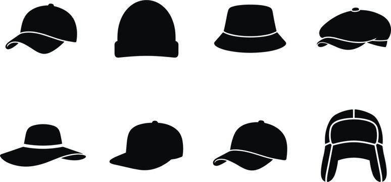 Collection of hat silhouette icons including baseball caps, beanie, bucket hat, flat cap, sun hat, and winter trapper design