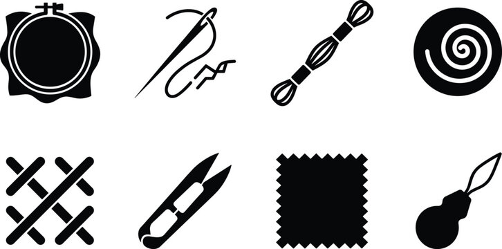 Collection of sewing and embroidery tool silhouettes including hoop, needle, thread, floss, snips, fabric swatch, and seam ripper