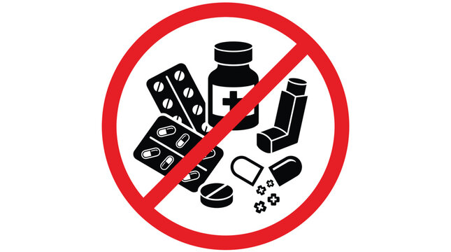 A flat vector illustration showing a red prohibition sign over various medical pills and inhalers