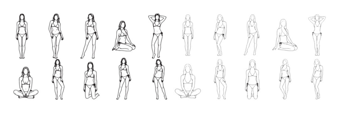 Female Body Pose Reference Line Art Set &ndash; Fashion Model Figure Outline Collection