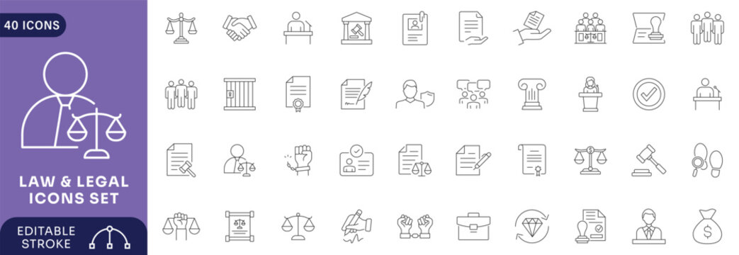 Law and Legal icons set. Containing law firm, legal document, courtroom, scales of justice, gavel, attorney, judge Etc. Fully Editable. Vector illustration